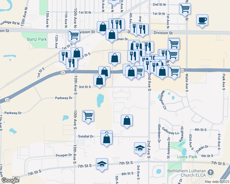 map of restaurants, bars, coffee shops, grocery stores, and more near 500 3rd Street South in Waite Park