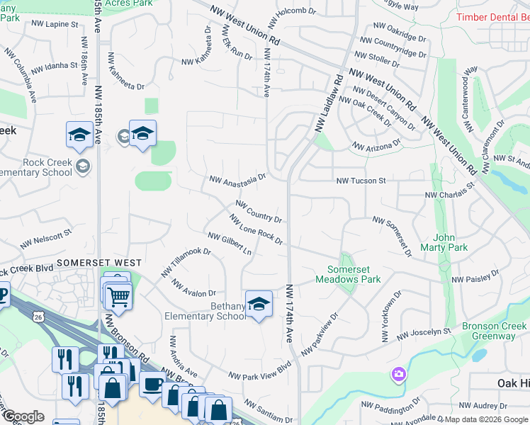 map of restaurants, bars, coffee shops, grocery stores, and more near 17527 Northwest Country Drive in Portland