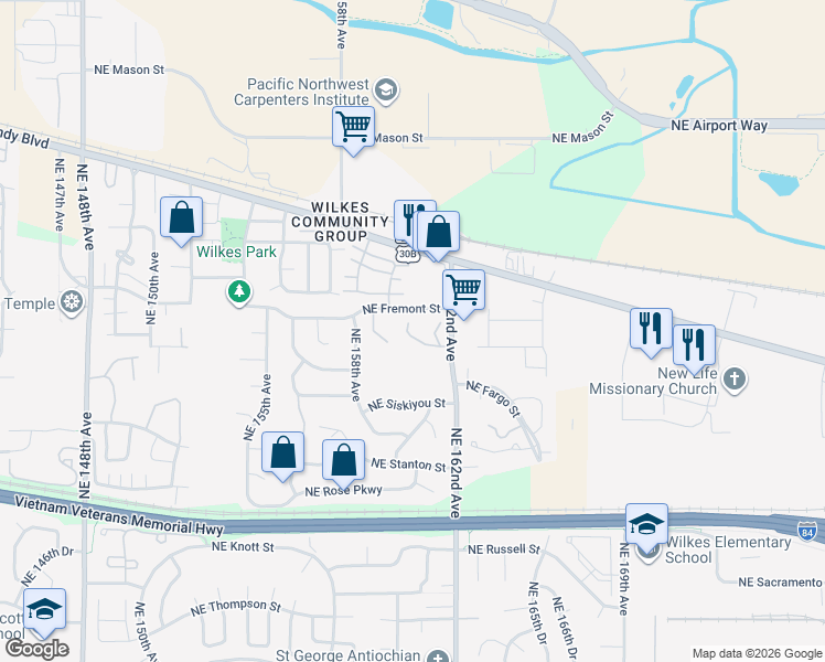 map of restaurants, bars, coffee shops, grocery stores, and more near 3391 Northeast 162nd Avenue in Portland