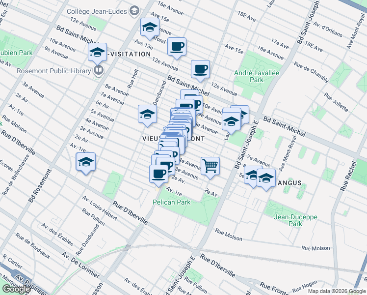 map of restaurants, bars, coffee shops, grocery stores, and more near 5357 5e Avenue in Montréal