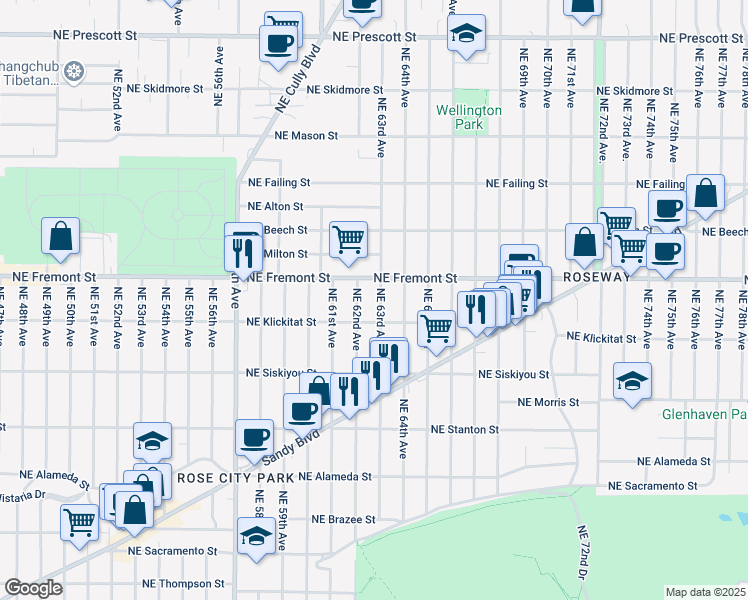 map of restaurants, bars, coffee shops, grocery stores, and more near 3403 Northeast 63rd Avenue in Portland
