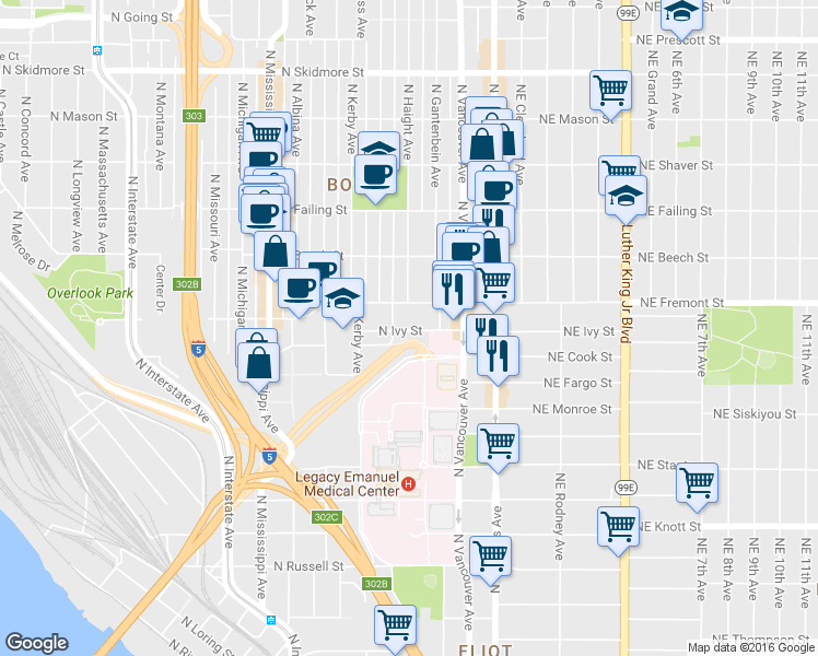map of restaurants, bars, coffee shops, grocery stores, and more near 333 North Ivy Street in Portland