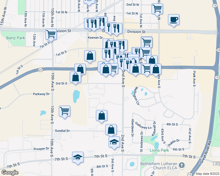 map of restaurants, bars, coffee shops, grocery stores, and more near 246 3rd Street South in Waite Park