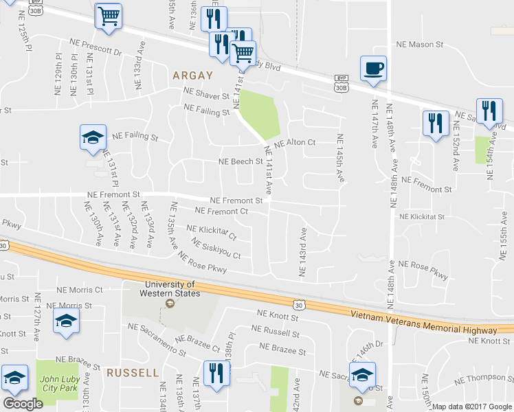 map of restaurants, bars, coffee shops, grocery stores, and more near 14011 NE Fremont Ct in Portland