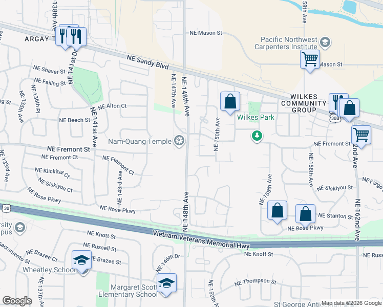 map of restaurants, bars, coffee shops, grocery stores, and more near 14811 Northeast Fremont Court in Portland