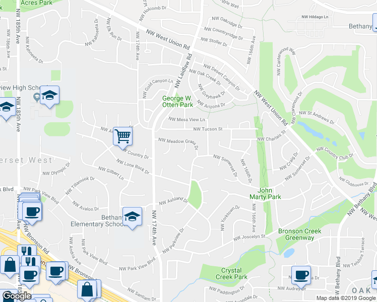 map of restaurants, bars, coffee shops, grocery stores, and more near 3880 Northwest 171st Place in Beaverton