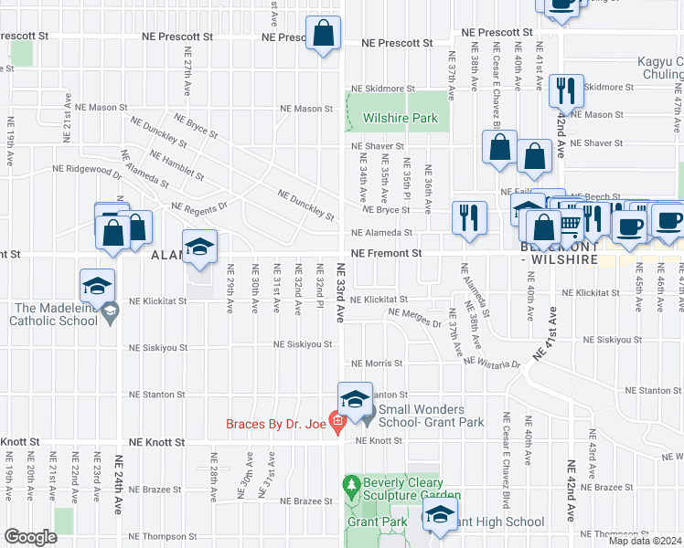 map of restaurants, bars, coffee shops, grocery stores, and more near 3405 Northeast 33rd Avenue in Portland