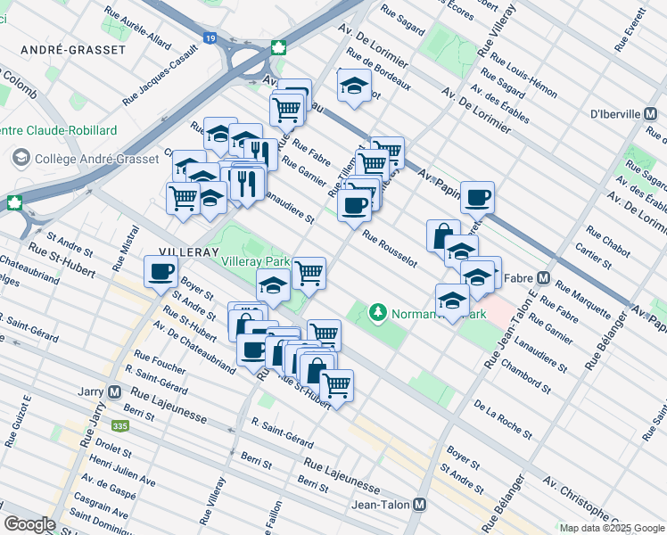 map of restaurants, bars, coffee shops, grocery stores, and more near 1280 Rue Villeray in Montreal