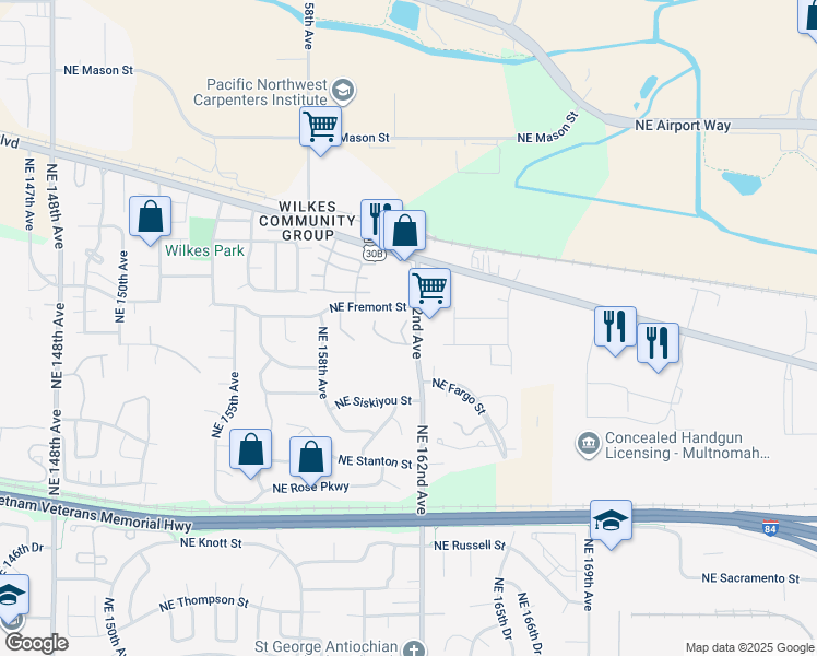 map of restaurants, bars, coffee shops, grocery stores, and more near 3508 Northeast 162nd Avenue in Portland