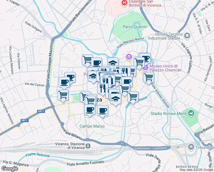map of restaurants, bars, coffee shops, grocery stores, and more near 17 Galleria del Pozzo Rosso in Vicenza
