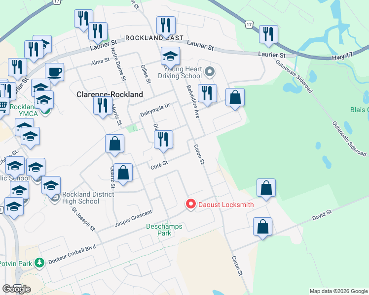 map of restaurants, bars, coffee shops, grocery stores, and more near 798 Côté Street in Clarence-Rockland