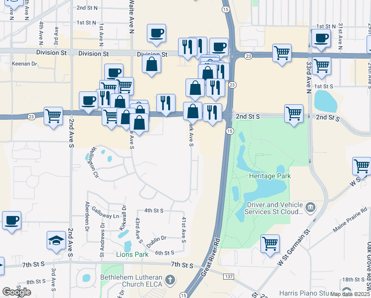 map of restaurants, bars, coffee shops, grocery stores, and more near 245 Park Avenue South in St. Cloud