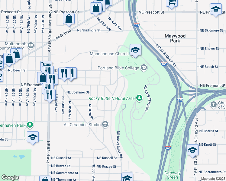 map of restaurants, bars, coffee shops, grocery stores, and more near 3431 Northeast 92nd Avenue in Portland