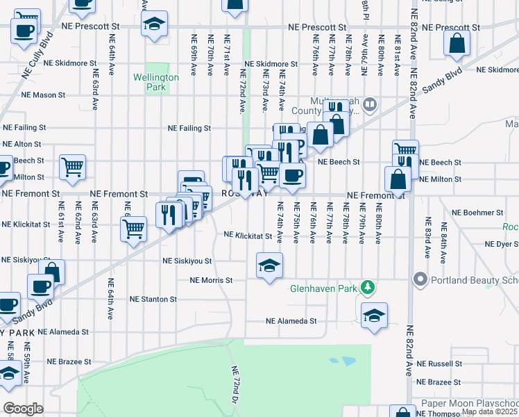 map of restaurants, bars, coffee shops, grocery stores, and more near 3414 Northeast 73rd Avenue in Portland