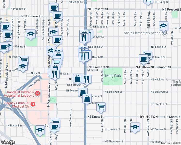 map of restaurants, bars, coffee shops, grocery stores, and more near 427 Northeast Cook Street in Portland