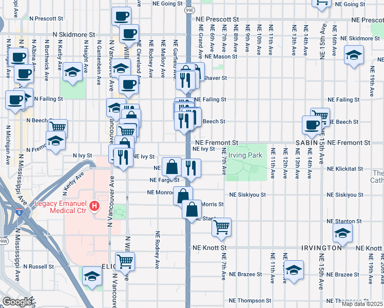 map of restaurants, bars, coffee shops, grocery stores, and more near 427 Northeast Cook Street in Portland