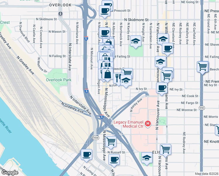 map of restaurants, bars, coffee shops, grocery stores, and more near in Portland