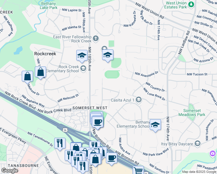 map of restaurants, bars, coffee shops, grocery stores, and more near 18225 Northwest Corinthian Street in Portland