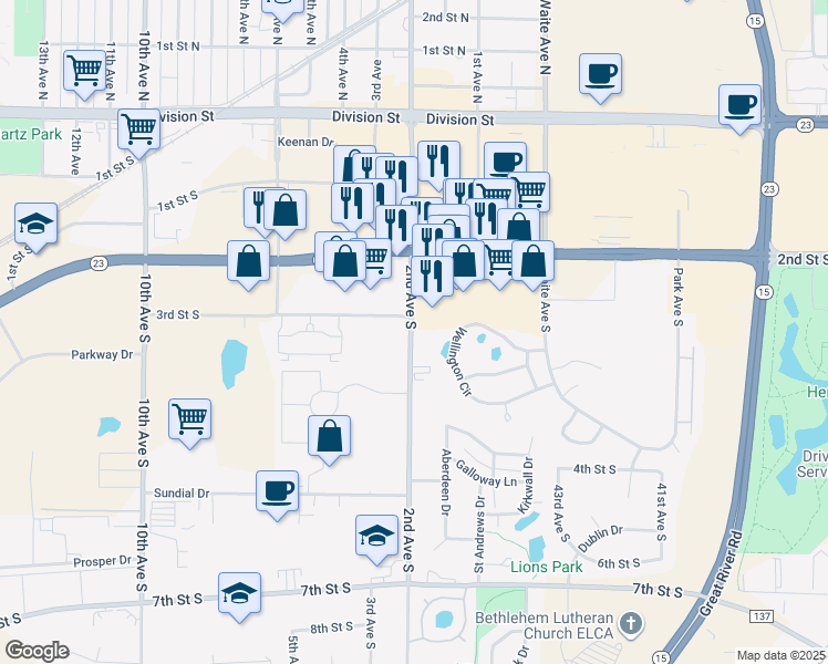 map of restaurants, bars, coffee shops, grocery stores, and more near 248 3rd Street South in Waite Park