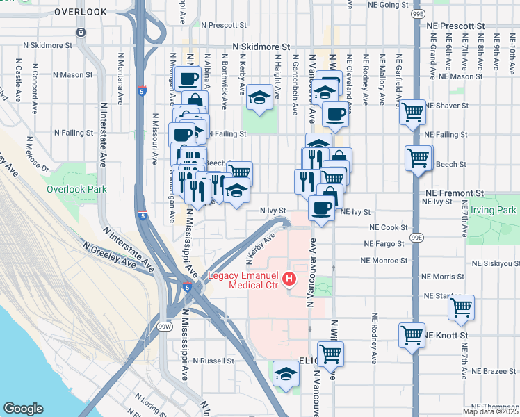 map of restaurants, bars, coffee shops, grocery stores, and more near 517 North Ivy Street in Portland