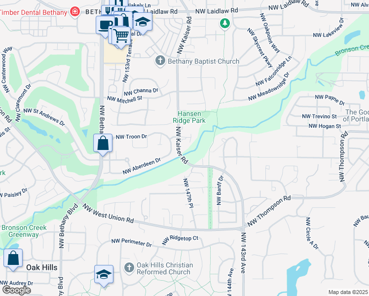 map of restaurants, bars, coffee shops, grocery stores, and more near 3850 Northwest Kaiser Road in Portland