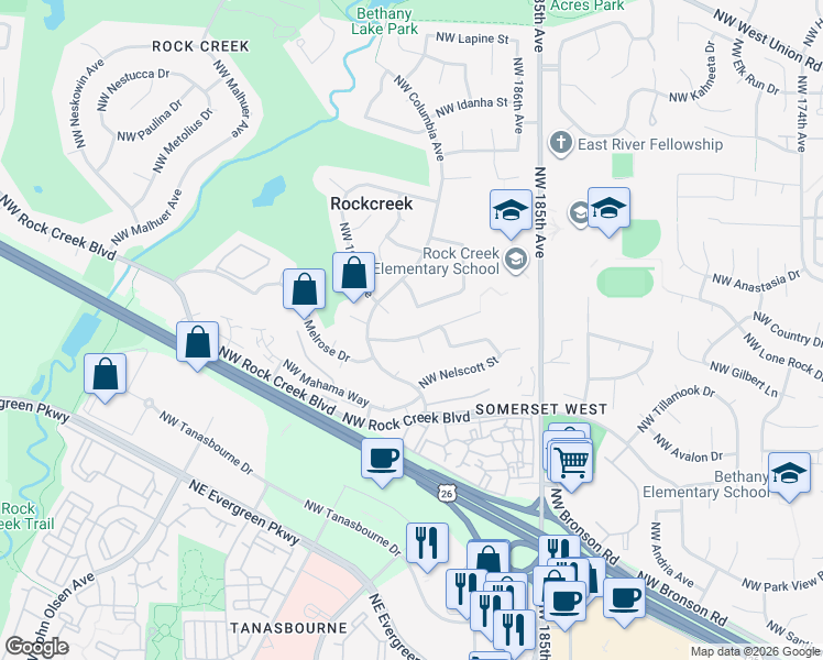 map of restaurants, bars, coffee shops, grocery stores, and more near 19035 Northwest Astoria Drive in Portland