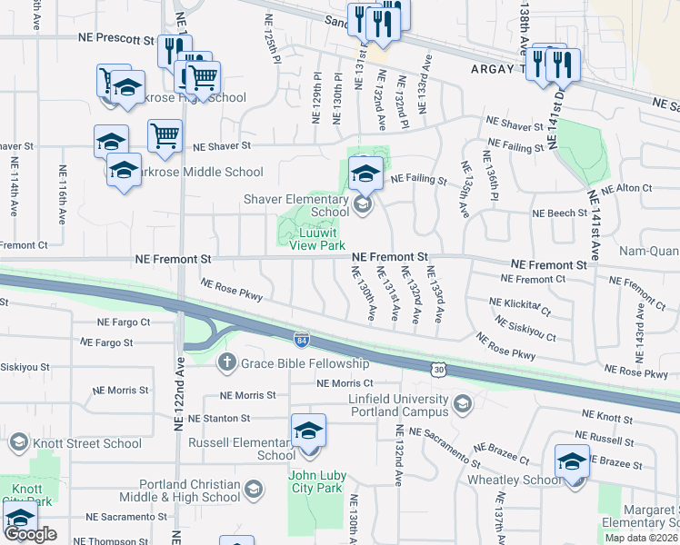map of restaurants, bars, coffee shops, grocery stores, and more near 3417 Northeast 129th Avenue in Portland
