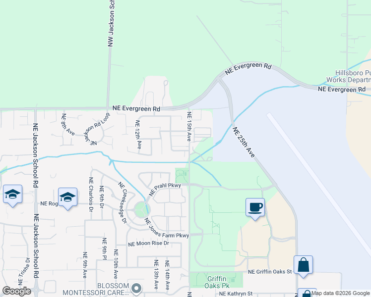 map of restaurants, bars, coffee shops, grocery stores, and more near 1467 Northeast Alexandria Place in Hillsboro