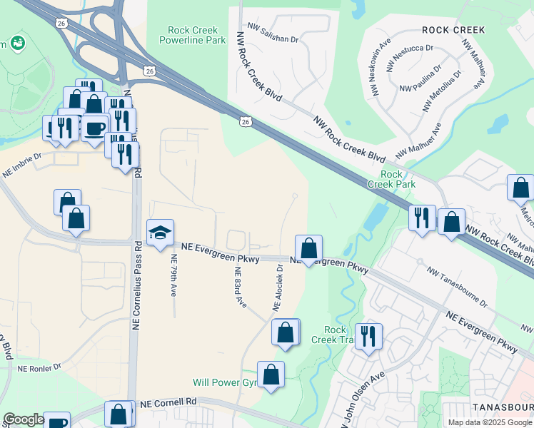 map of restaurants, bars, coffee shops, grocery stores, and more near 3825 Northwest Aloclek Place in Hillsboro