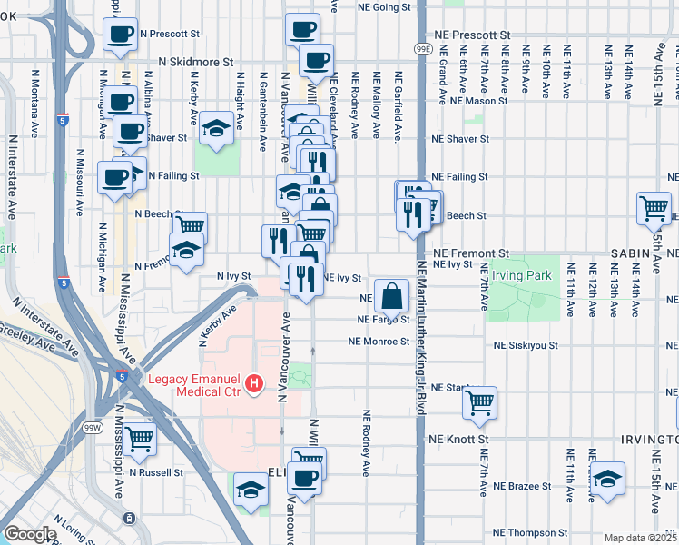 map of restaurants, bars, coffee shops, grocery stores, and more near 43 Northeast Ivy Street in Portland