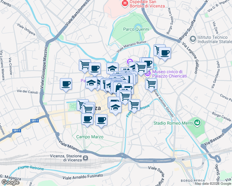 map of restaurants, bars, coffee shops, grocery stores, and more near 12 Contrà Camillo Benso Cavour in Vicenza