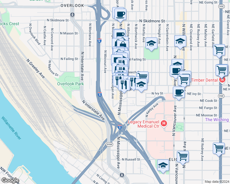 map of restaurants, bars, coffee shops, grocery stores, and more near 3499 N Michigan Ave-Mississippi Ave Alley in Portland