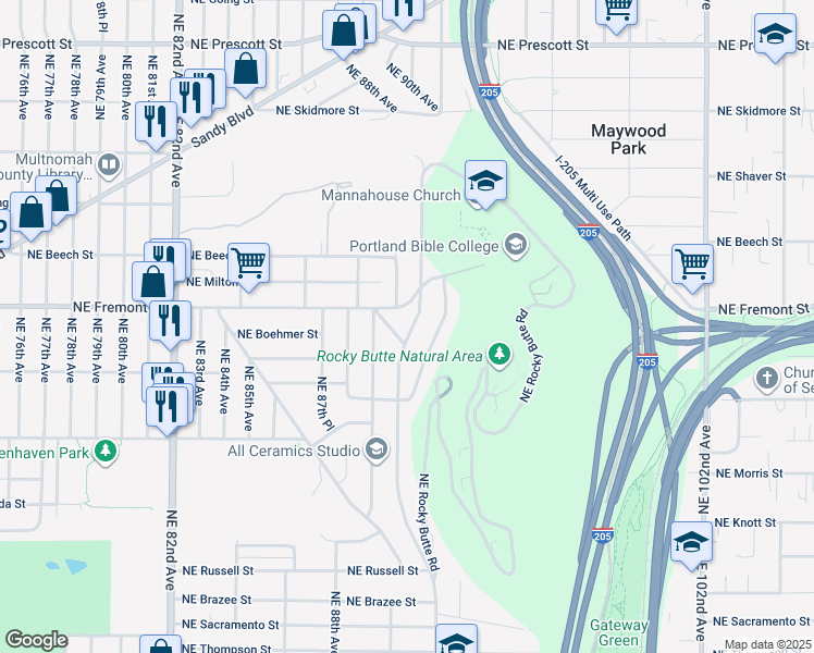 map of restaurants, bars, coffee shops, grocery stores, and more near 3431 Northeast 92nd Avenue in Portland
