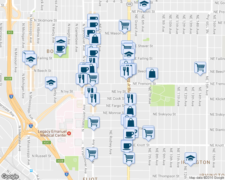 map of restaurants, bars, coffee shops, grocery stores, and more near 107 Northeast Ivy Street in Portland