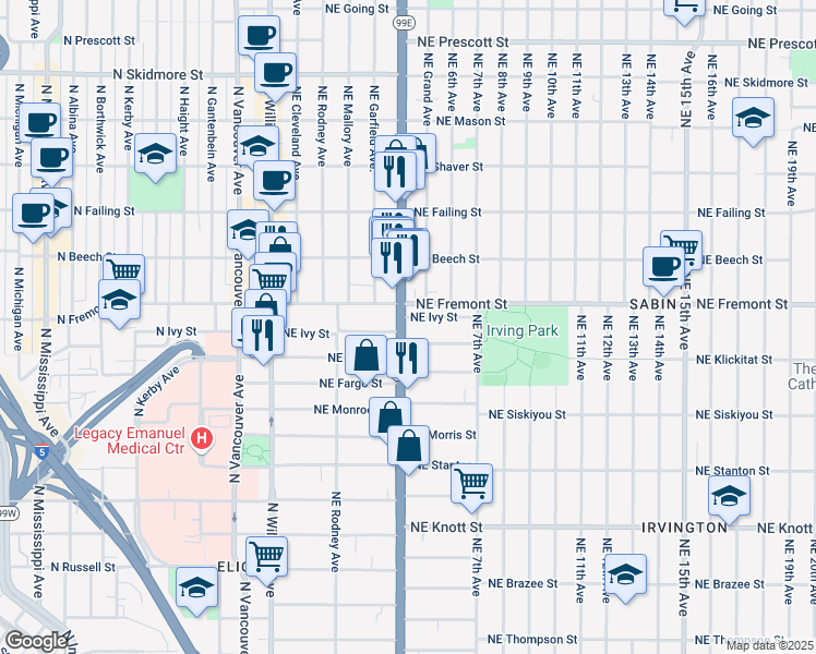 map of restaurants, bars, coffee shops, grocery stores, and more near 3340 Northeast Martin Luther King Junior Boulevard in Portland