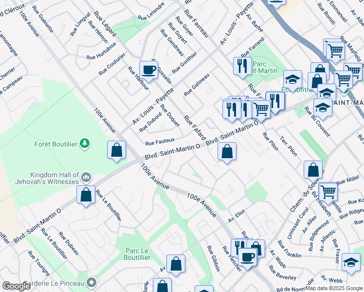 map of restaurants, bars, coffee shops, grocery stores, and more near 4559 Boulevard Saint-Martin Ouest in Laval