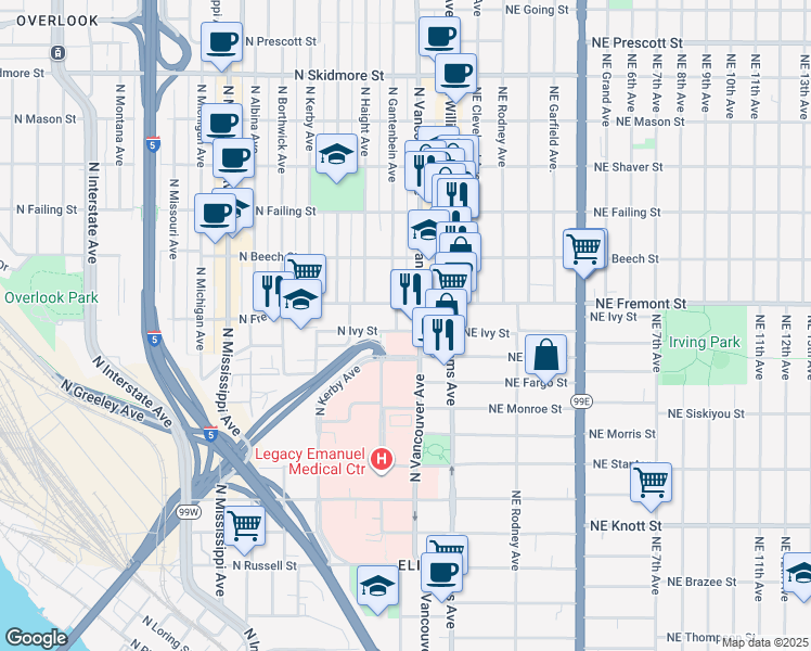 map of restaurants, bars, coffee shops, grocery stores, and more near 223 North Ivy Street in Portland