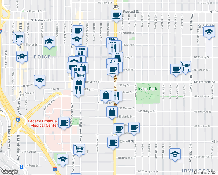 map of restaurants, bars, coffee shops, grocery stores, and more near 301 Northeast Ivy Street in Portland