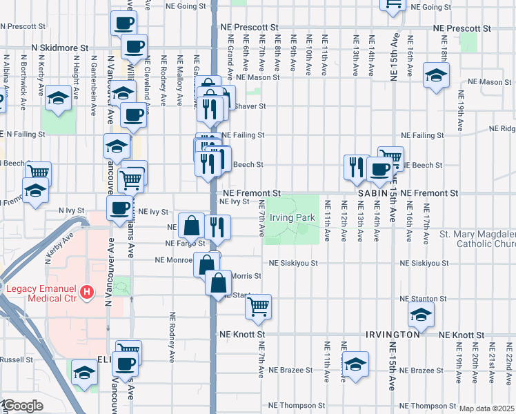 map of restaurants, bars, coffee shops, grocery stores, and more near 680 Northeast Ivy Street in Portland