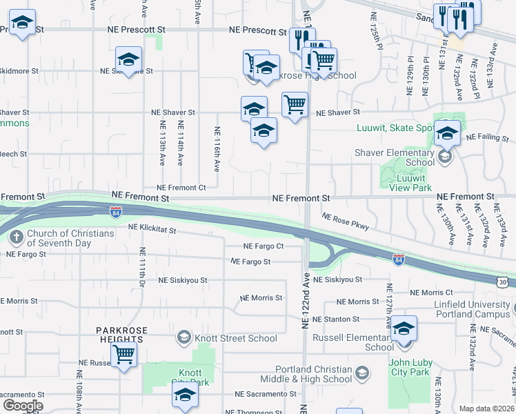 map of restaurants, bars, coffee shops, grocery stores, and more near 11910 Northeast Fremont Street in Portland