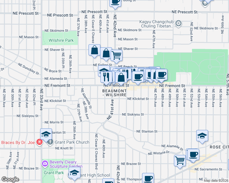 map of restaurants, bars, coffee shops, grocery stores, and more near 3334 Northeast 41st Avenue in Portland