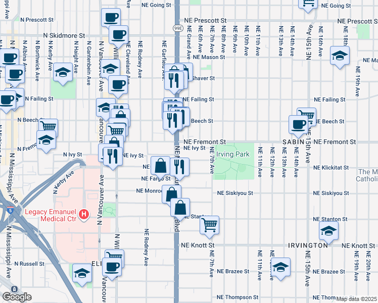 map of restaurants, bars, coffee shops, grocery stores, and more near 446 Northeast Ivy Street in Portland