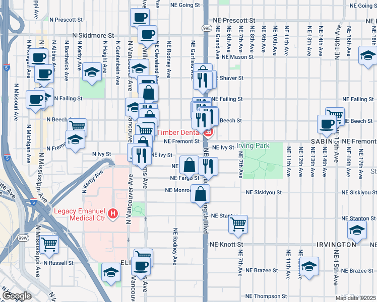 map of restaurants, bars, coffee shops, grocery stores, and more near 215 Northeast Ivy Street in Portland