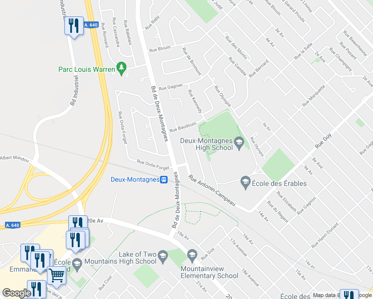 map of restaurants, bars, coffee shops, grocery stores, and more near 526 Croissant Brown in Deux-Montagnes