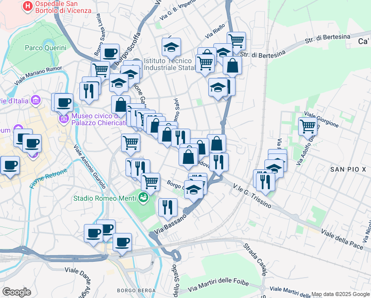 map of restaurants, bars, coffee shops, grocery stores, and more near 138-154 Corso Padova in Vicenza