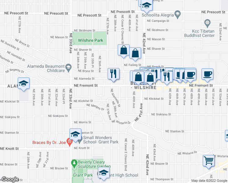 map of restaurants, bars, coffee shops, grocery stores, and more near 3737 Northeast Alameda Street in Portland