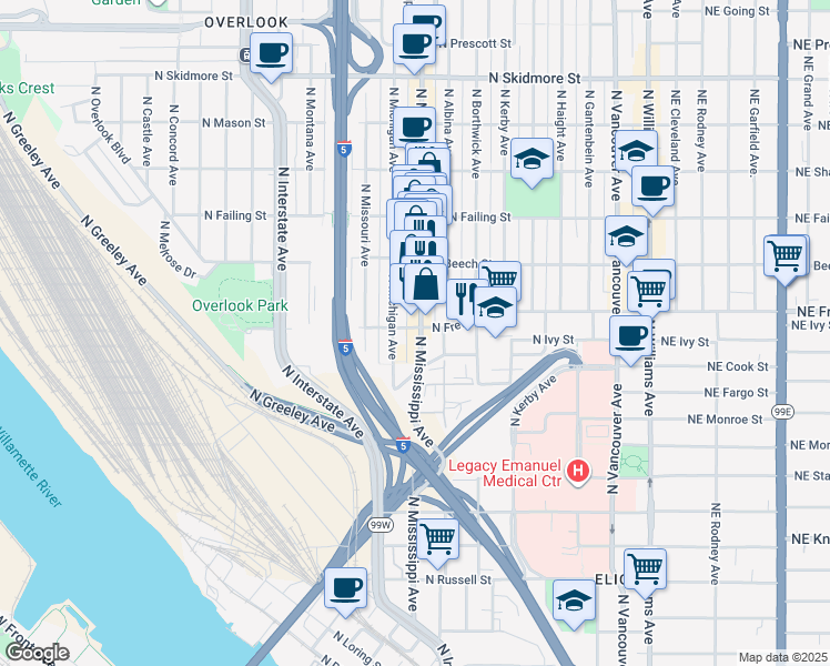 map of restaurants, bars, coffee shops, grocery stores, and more near in Portland