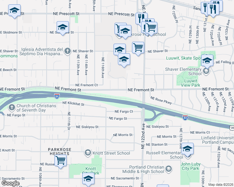 map of restaurants, bars, coffee shops, grocery stores, and more near 11830 Northeast Fremont Street in Portland