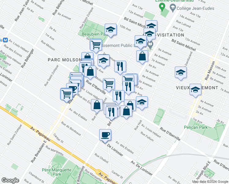 map of restaurants, bars, coffee shops, grocery stores, and more near 5984 Rue Molson in Montréal