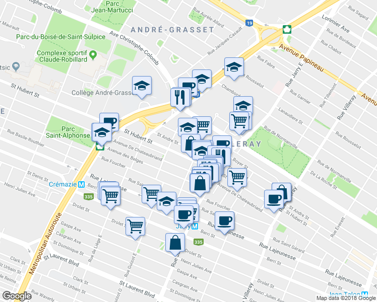 map of restaurants, bars, coffee shops, grocery stores, and more near 8286 Rue Saint-André in Montréal
